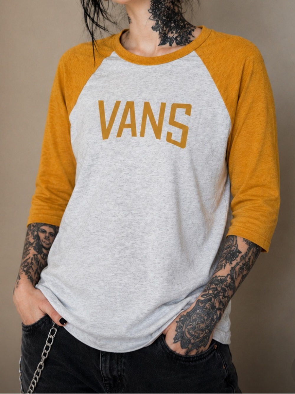 Vans Two-Tone Raglan Tee in Gray and Mustard